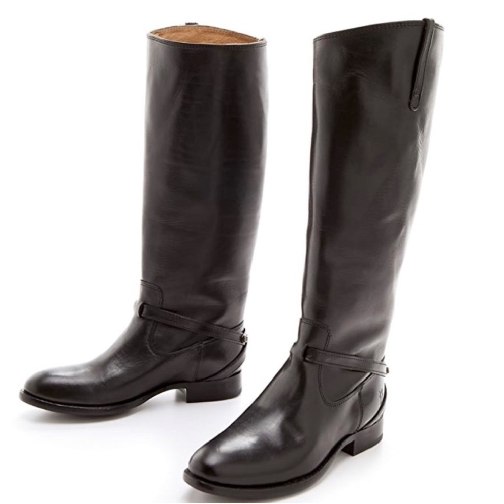 Frye Lindsay Plate Tall Boots Black Leather Size 7 Classic Moto Equestrian
